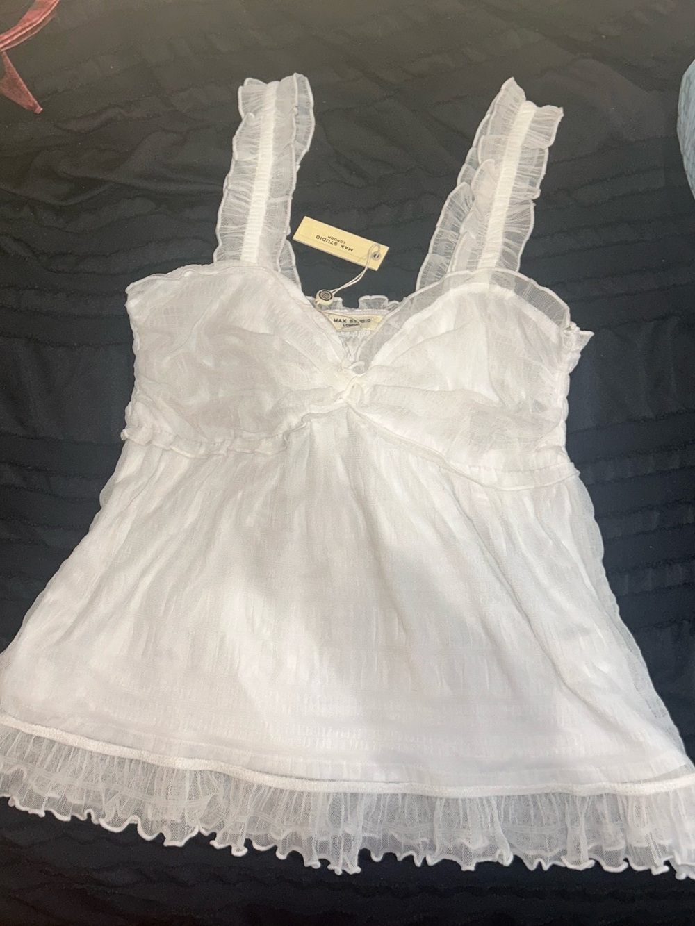 Max Studio White Ruffled Lace-Trim Top